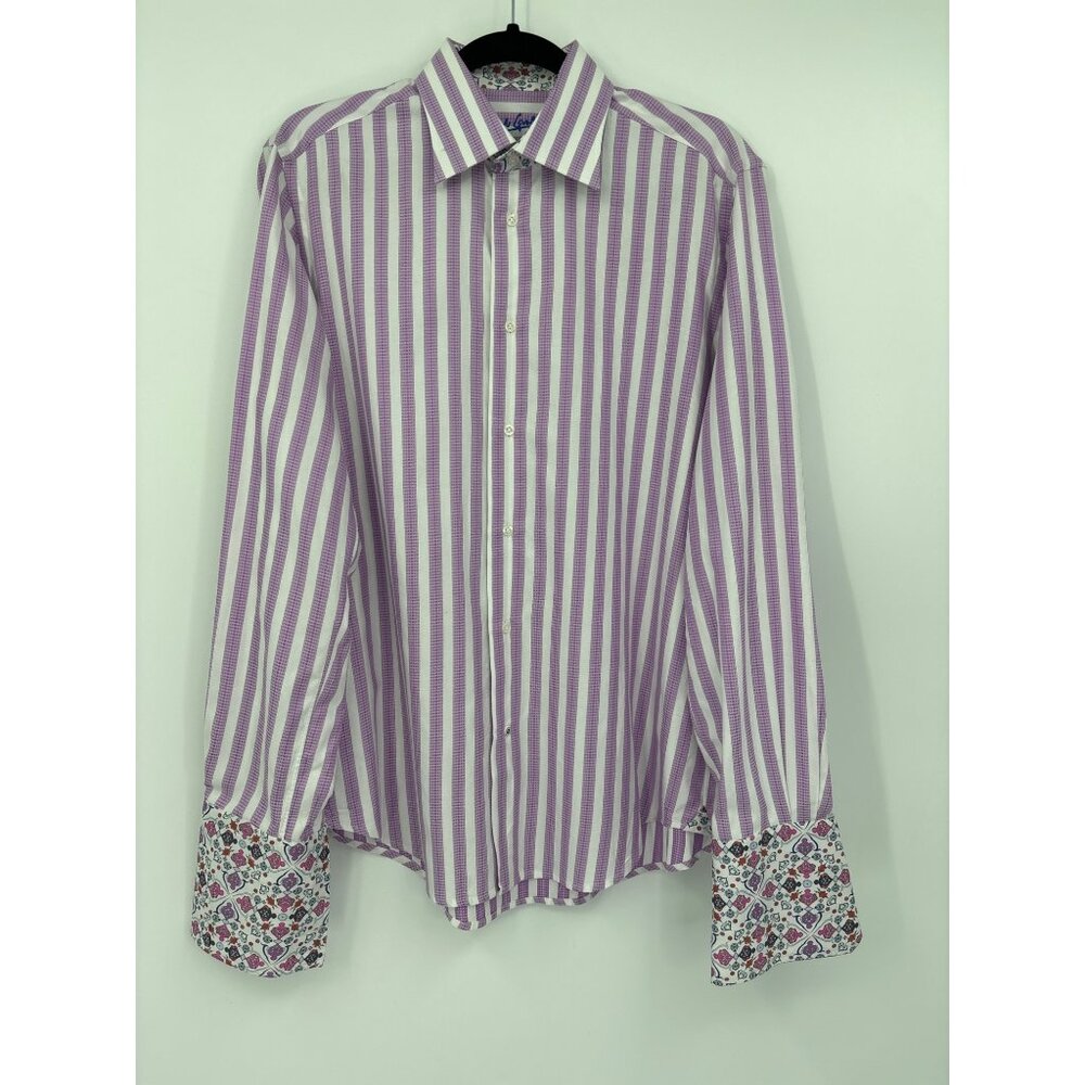 Robert Graham Sport Shirt Button Down Striped Geometric Flip Cuff Purple Medium